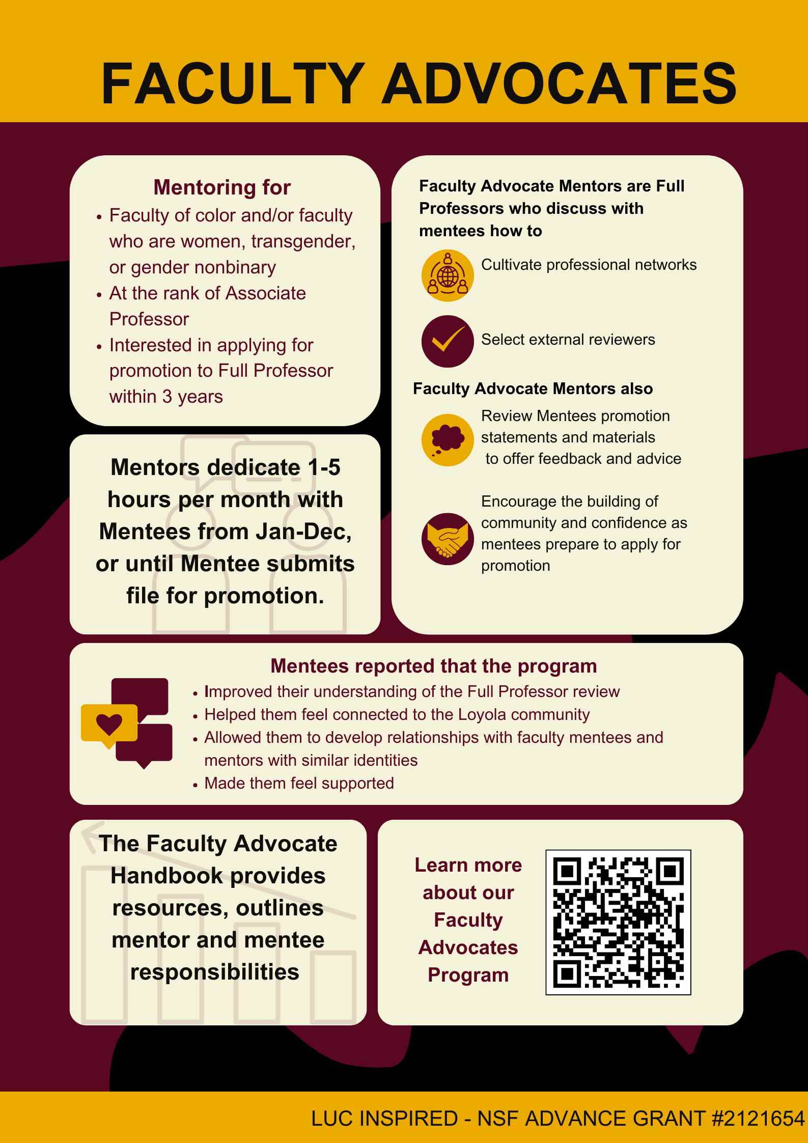 The Faculty Advocate mentoring program is designed to support faculty of color and/or faculty who are women, transgender, or gender nonbinary at the rank of Associate Professor to advance to the rank of Full Professor. 